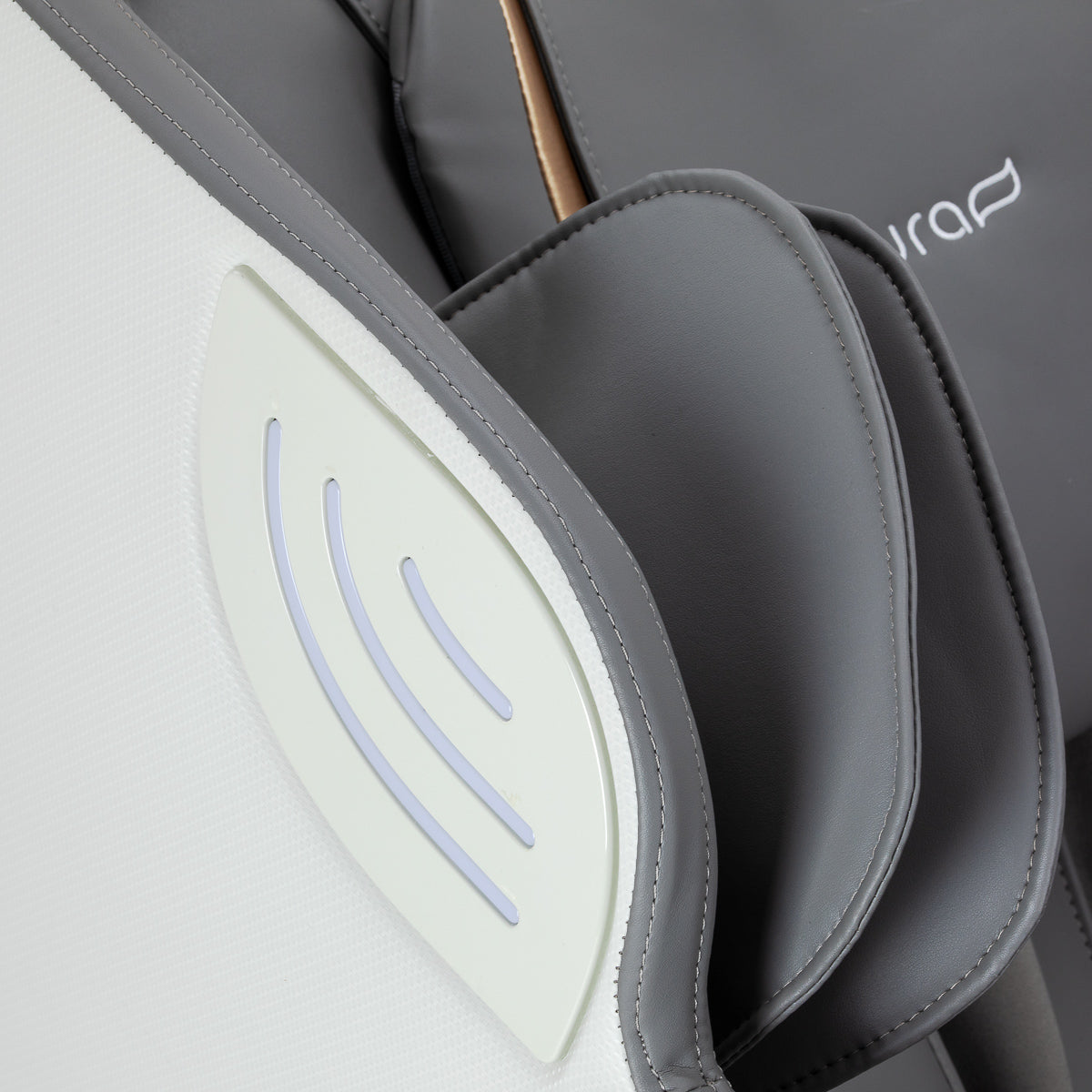 White and grey Sakura 3D Maximus massage chair with ergonomic design and padded armrests, showcasing its modern massage furniture features.