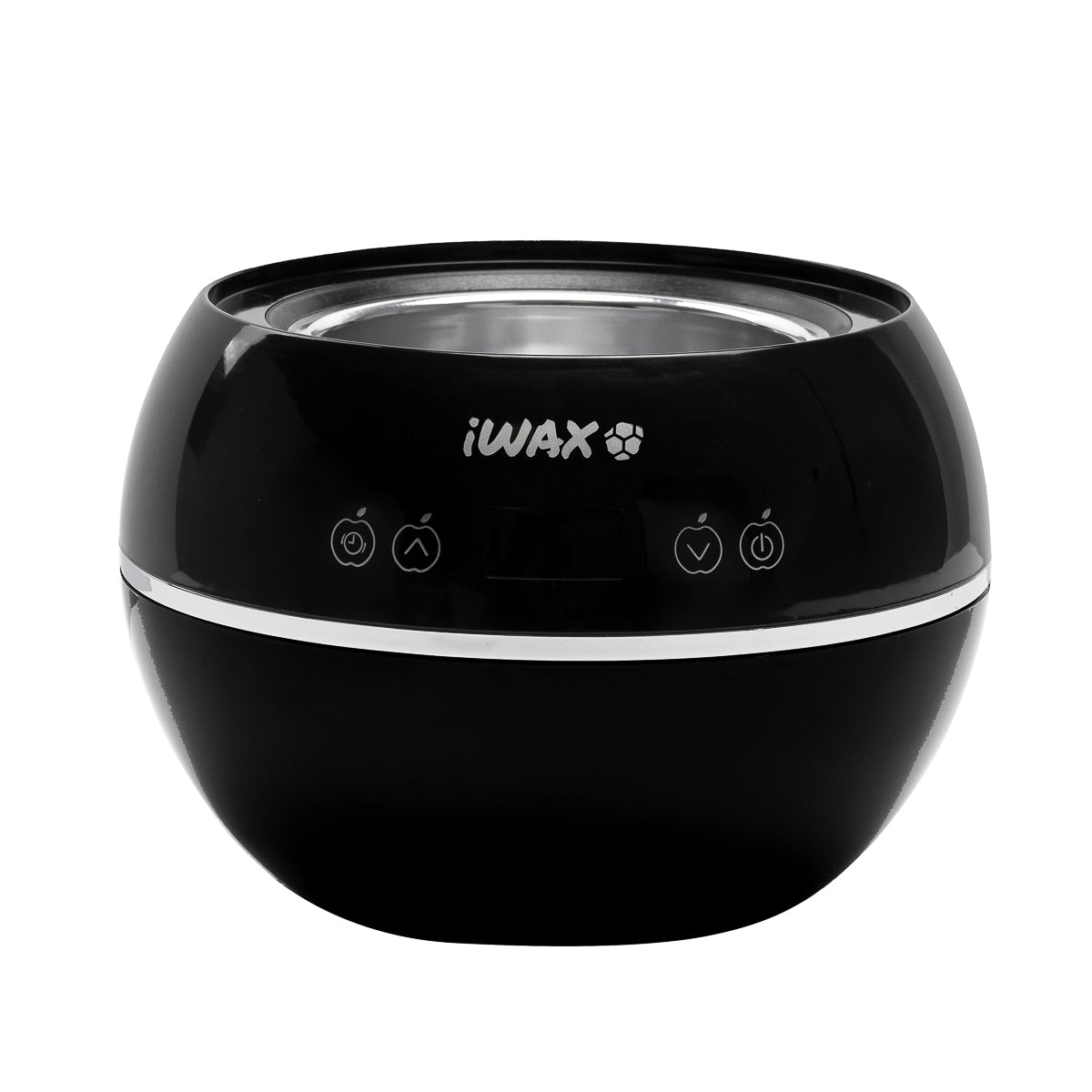 Black iWax wax heater with 500ml tin, 100W power, featuring a sleek design for easy waxing sessions.