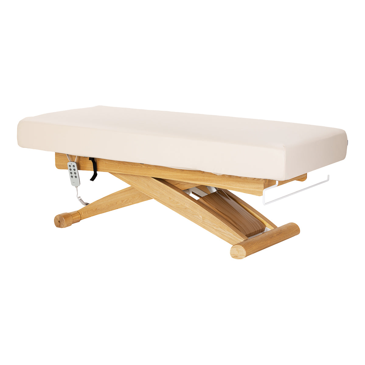 Cream SPA lounger Sillon Siesta beauty salon furniture with light brown base, comfortable and stylish for client relaxation.