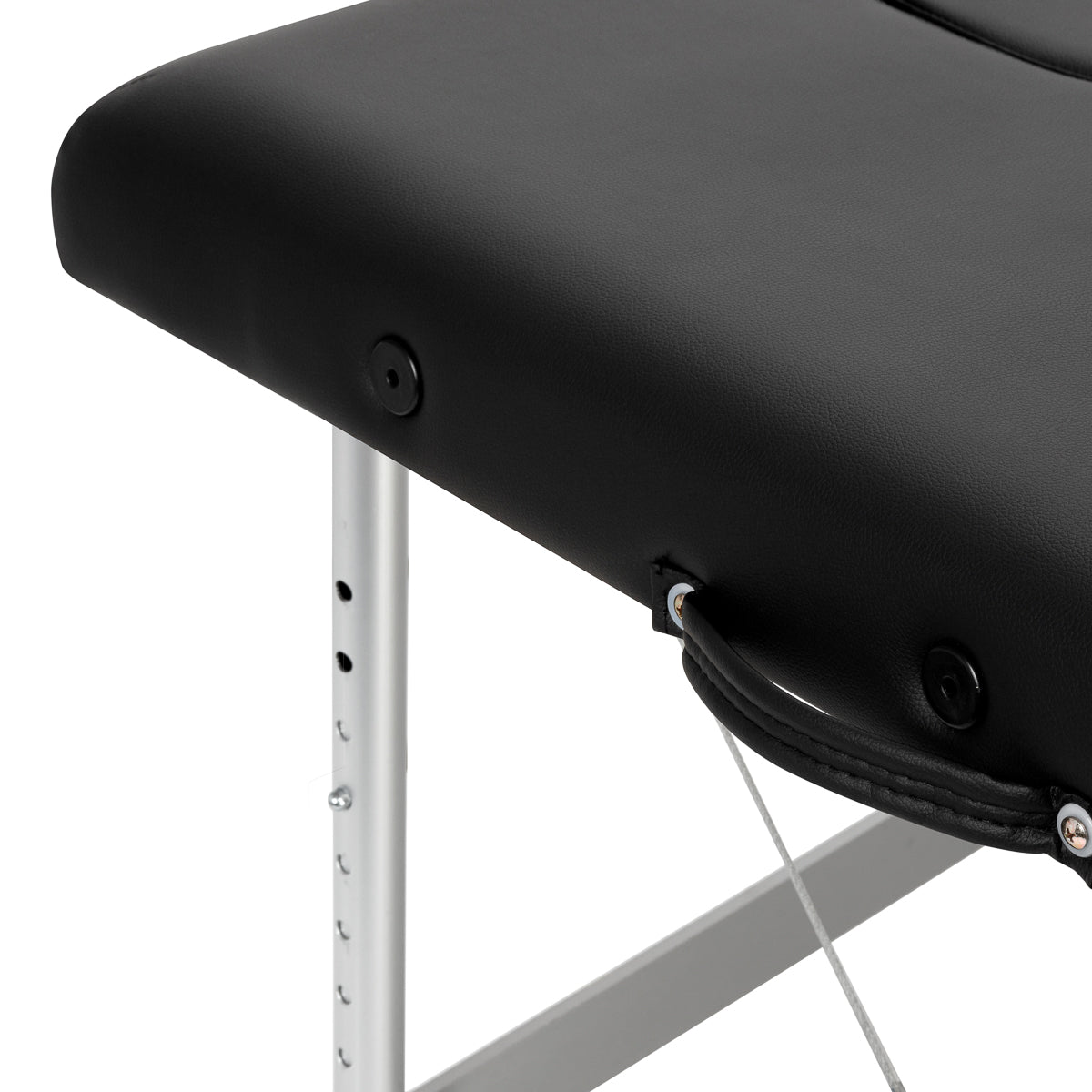 Black BALANCE aluminium folding massage table with two segments, featuring a sturdy, lightweight design for professional massage therapy.
