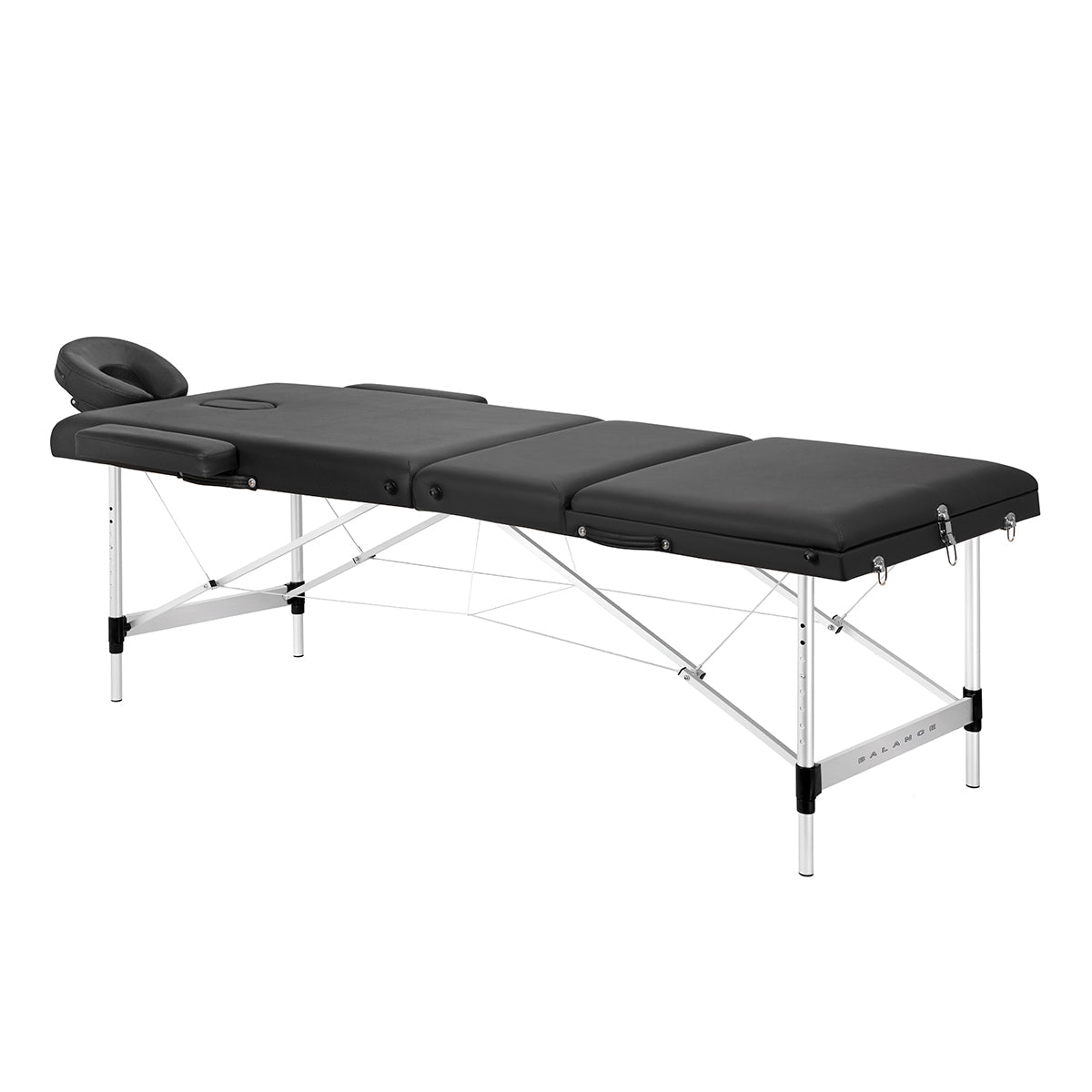 BALANCE aluminium folding massage table with three segments in black, lightweight and portable massage furniture for professional use