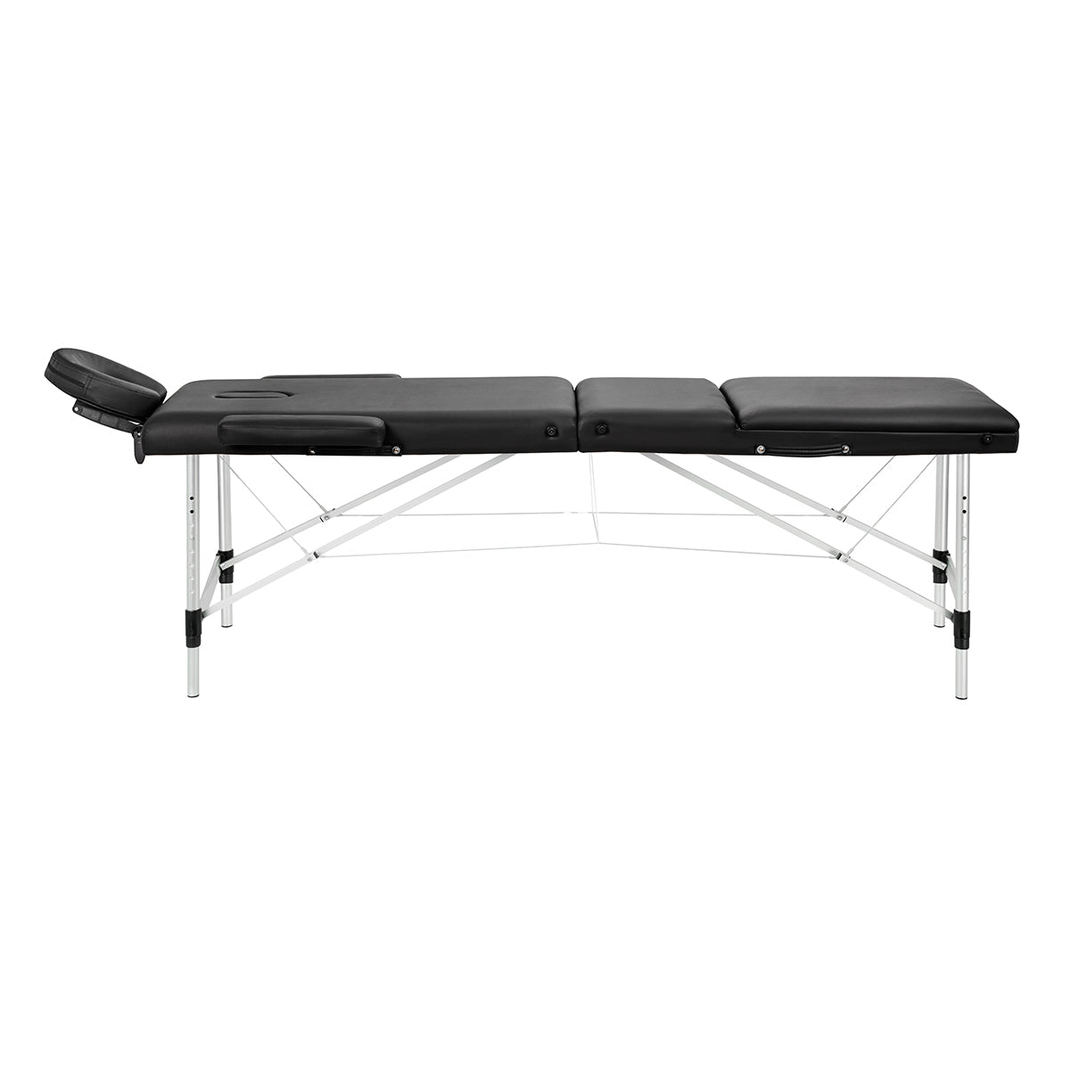 BALANCE aluminium folding massage table with three segments in black, designed for professional massage therapy.