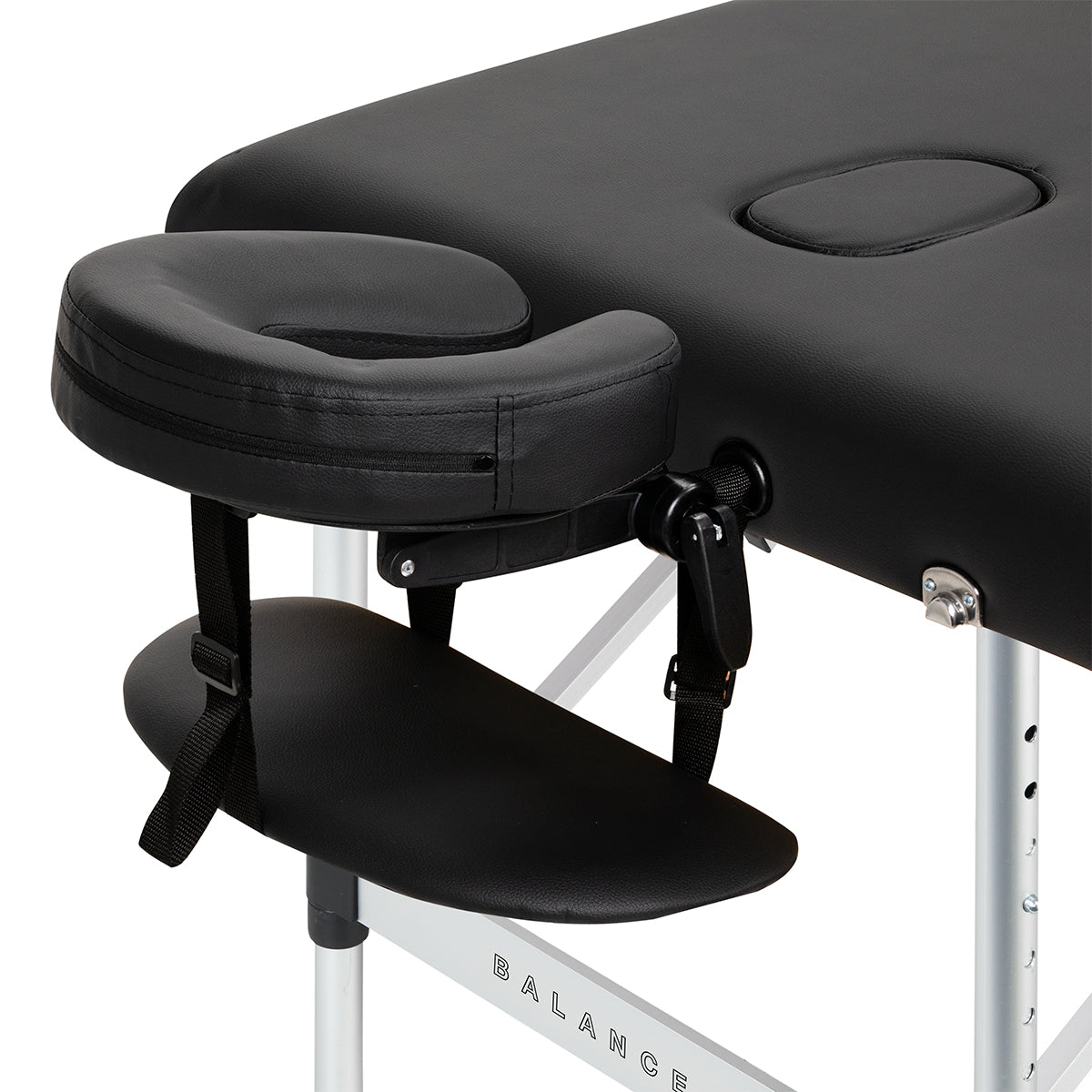 BALANCE aluminium folding massage table with three segments in black, lightweight and portable for professional massage therapy.