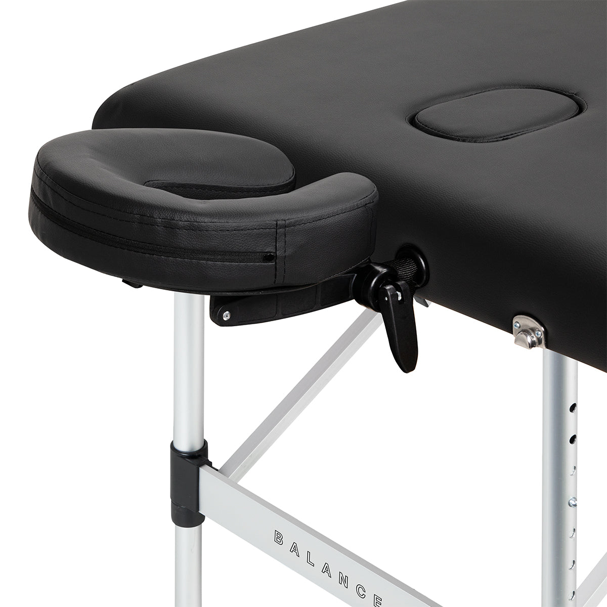 BALANCE aluminium folding massage table with three segments in black, featuring adjustable sections and portable design.