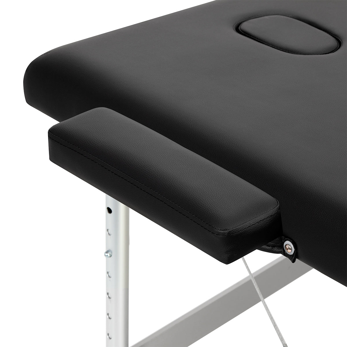 BALANCE aluminium folding massage table with three segments in black, designed for professional massage therapy and portable use.