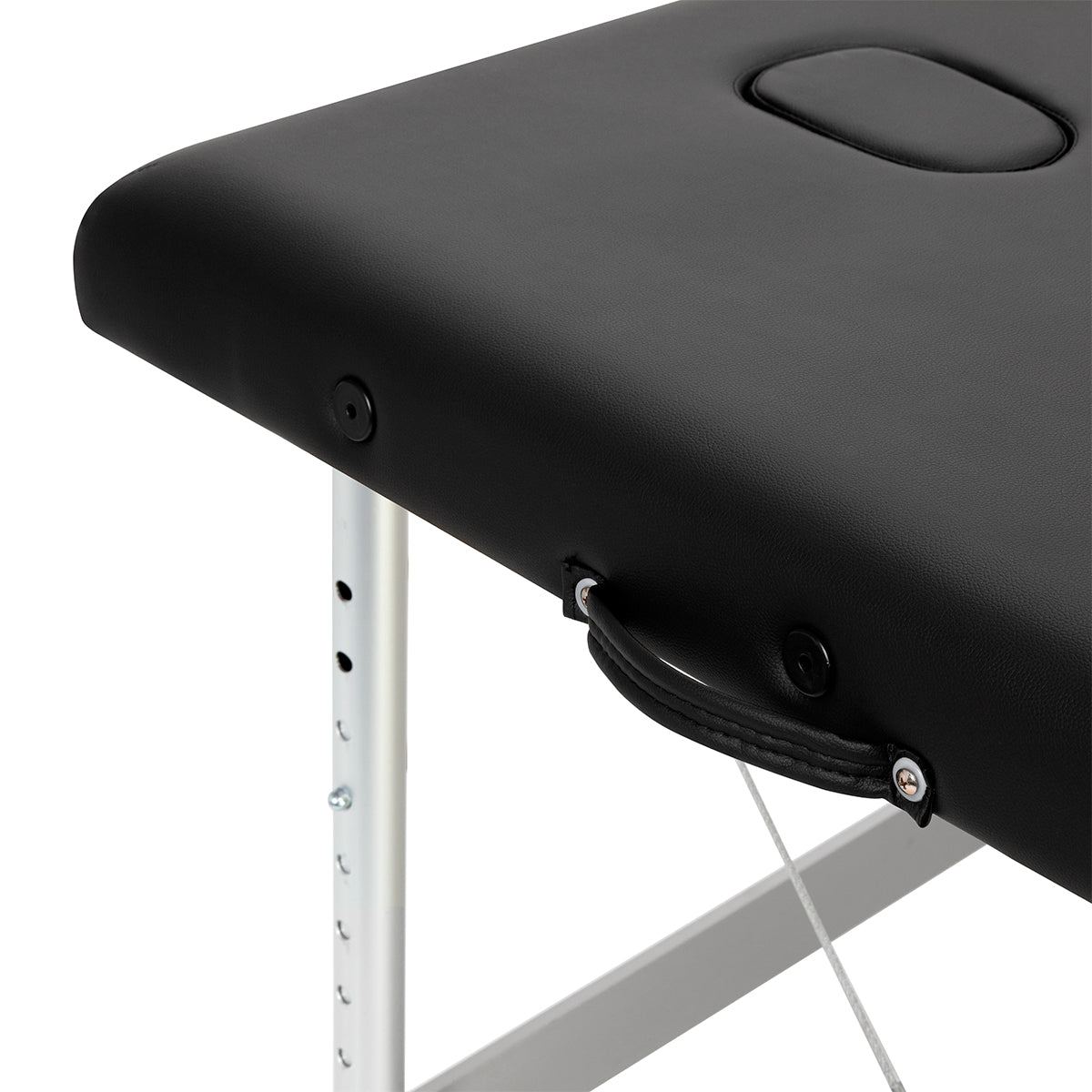 BALANCE aluminium folding massage table with three segments in black, featuring a sturdy frame and padded surface for comfort.
