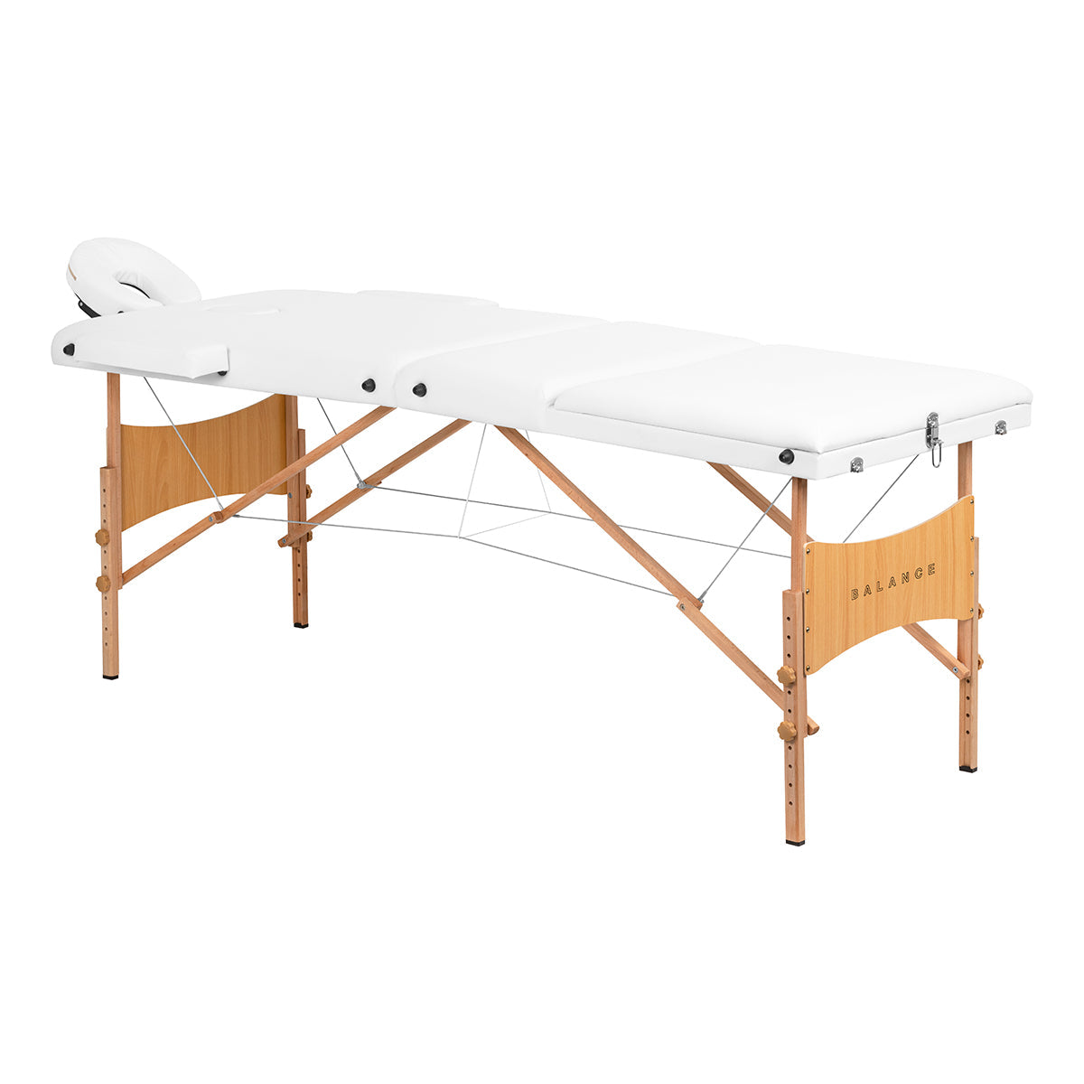 White BALANCE wooden folding massage table with three segments, 190x70 cm, designed for professional massage therapy.