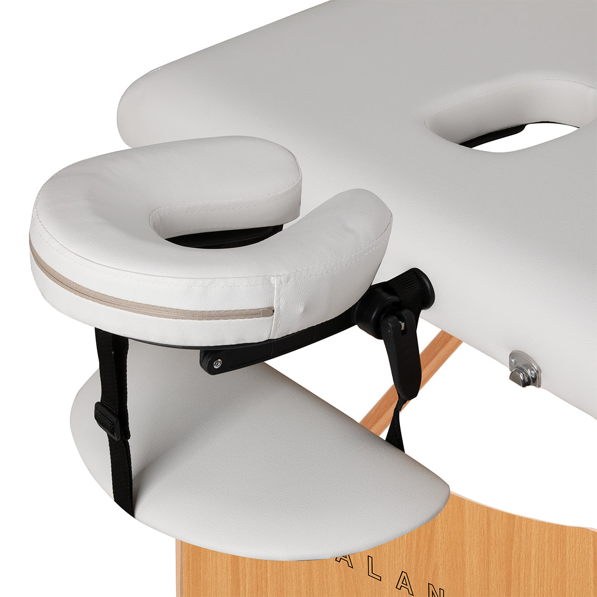White BALANCE wooden folding massage table with 3 segments, measuring 190x70 cm, featuring a sturdy, portable design.