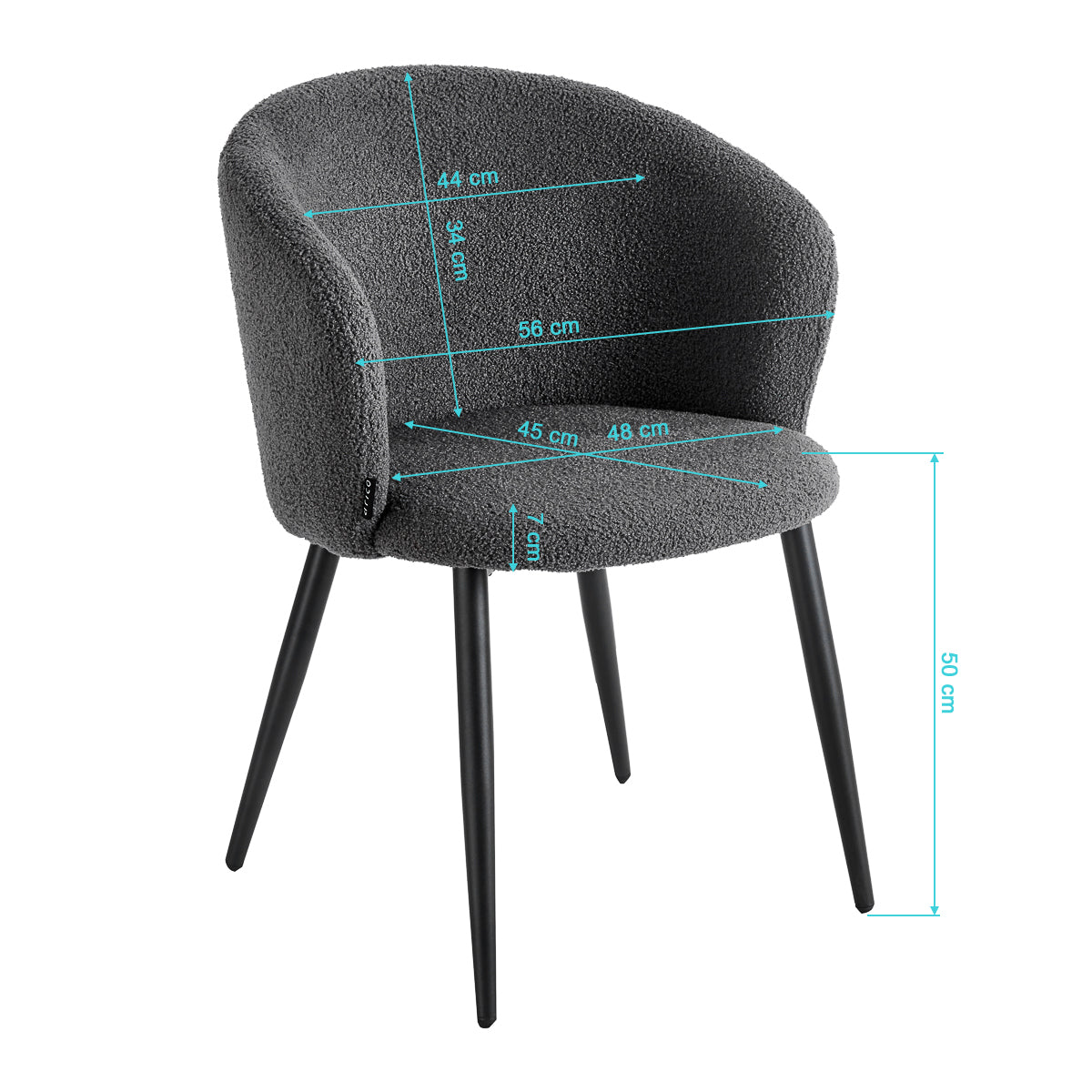 4RICO Asola grey sherpa chair with rounded backrest and black metal legs