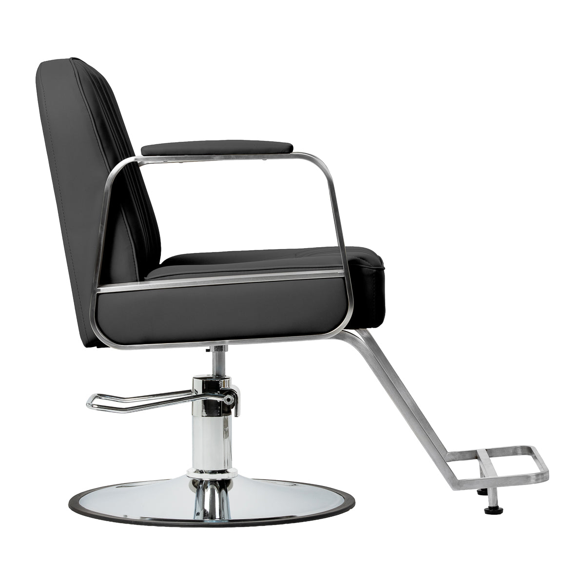 Black Gabbiano Acri hairdressing chair with padded seat, adjustable height, and armrests, designed for salon styling.