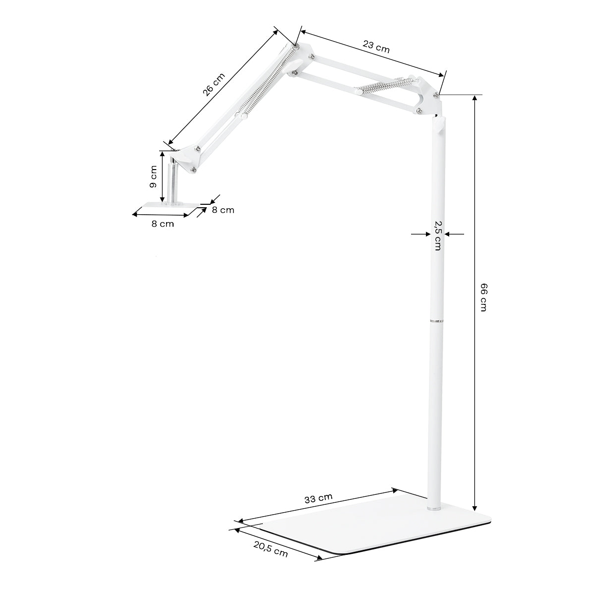 GLOW support réglable pour lampe UV/LED de pédicure – Blanc; schéma coté, base de 33 × 20,5 cm