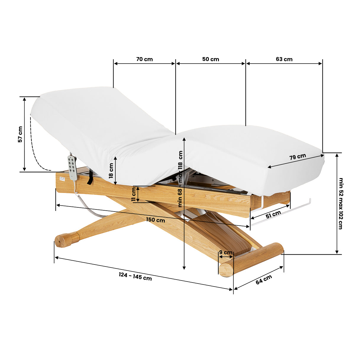 Sillon Siesta Table SPA Électrique – Blanche, Base Brun Clair · Schéma des dimensions
