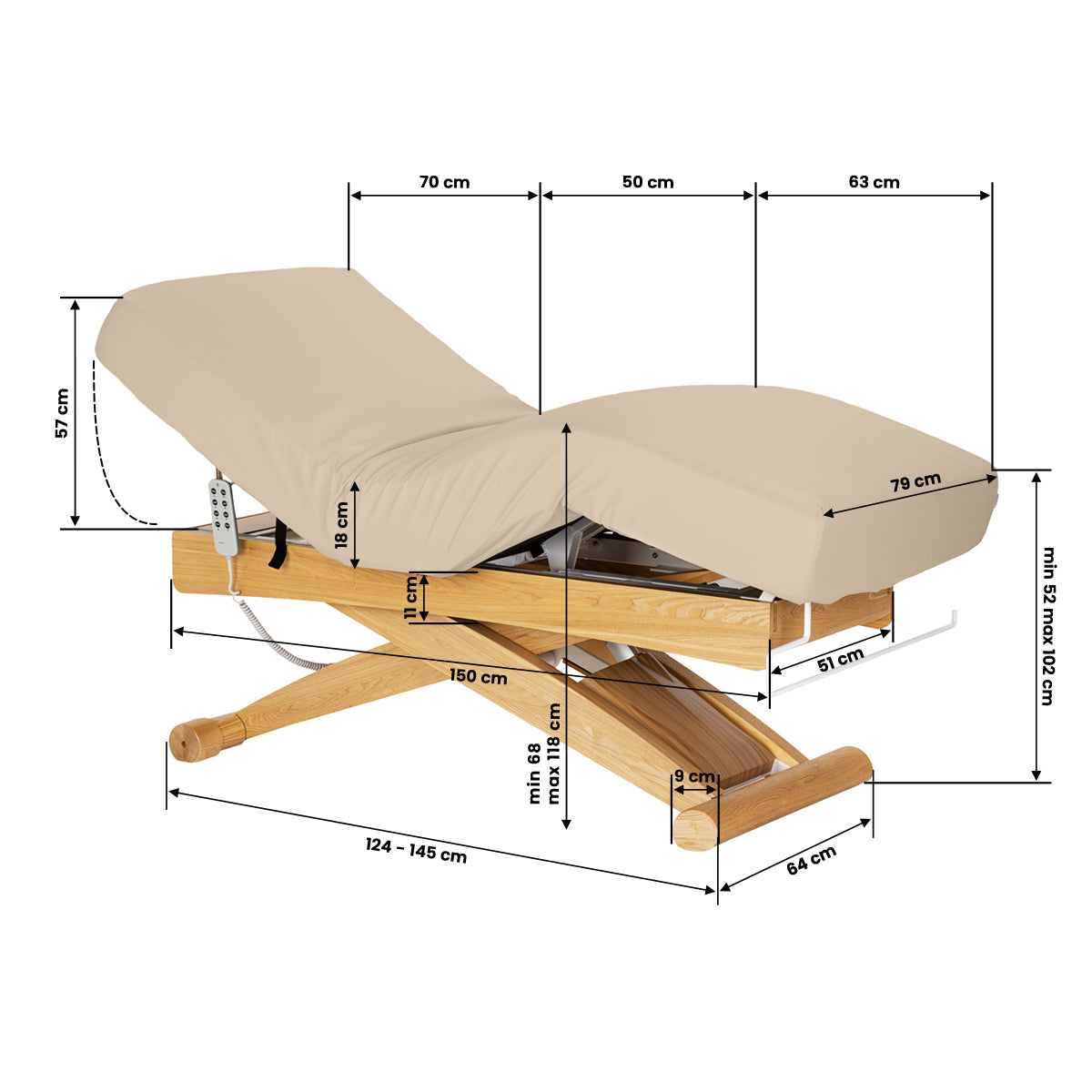 Sillon Siesta Table SPA Électrique – Beige, Base Brun Clair · Schéma des dimensions