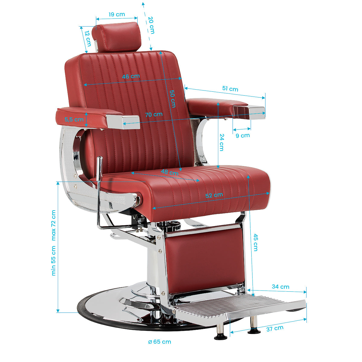 Gabbiano Visionerio+ fauteuil de barbier hydraulique – Rouge, cadre chromé; schéma coté, hauteur d’assise 55–72 cm