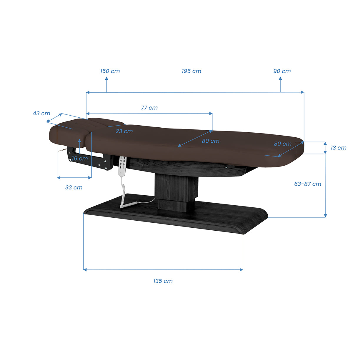 Table SPA Électrique Sillon Relax – Brun Foncé, Base Noir · Schéma des dimensions