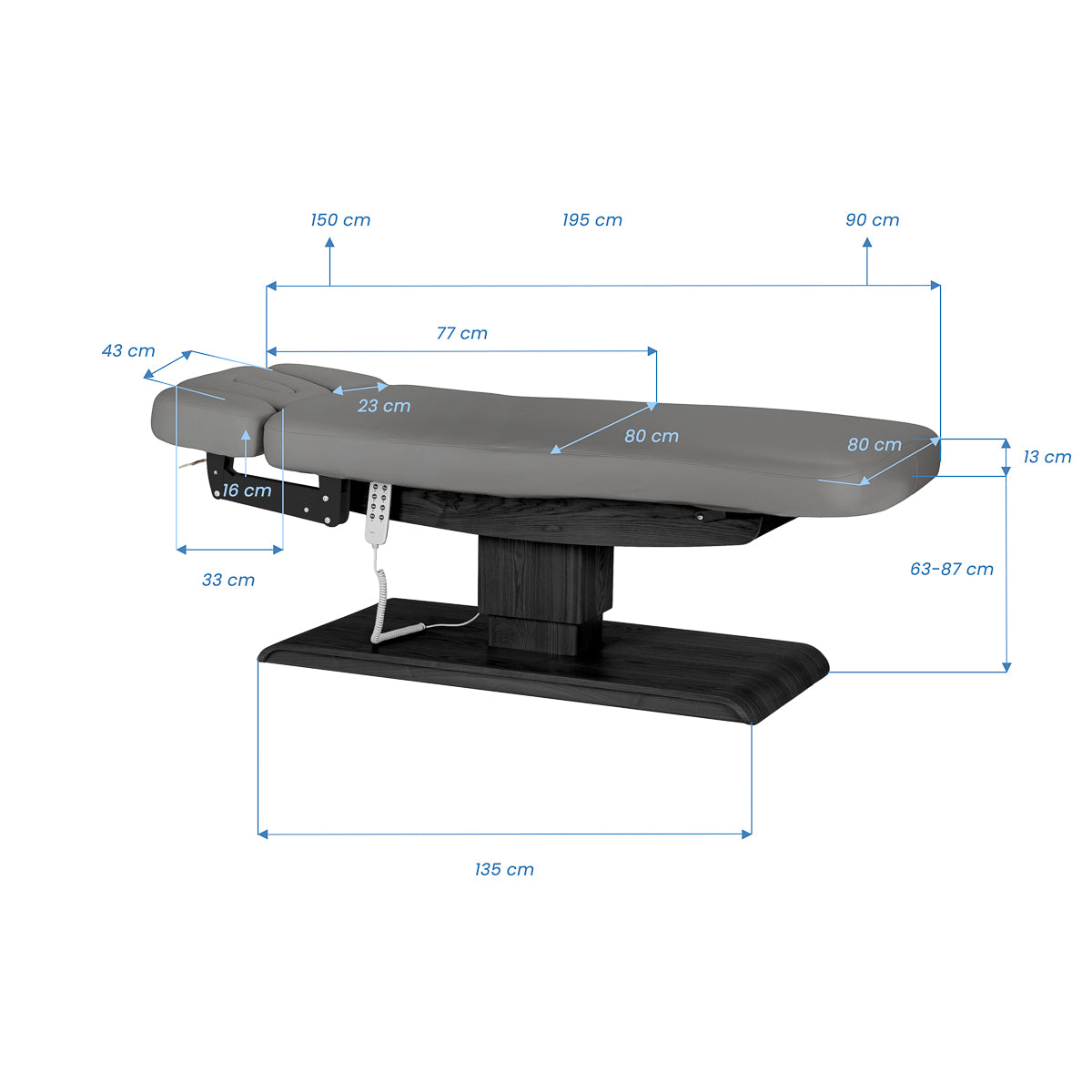 Table SPA Électrique Sillon Relax – Gris, Base Noir · Schéma des dimensions