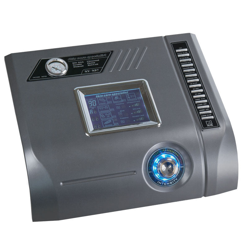 Beauty System 7-in-1 Micro, Sono, Peel, Hot-Cold, Lift, Photon device showing various treatment heads and controls.