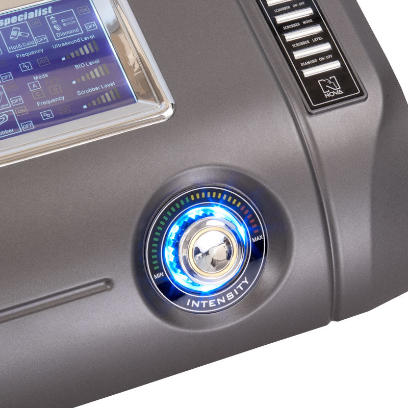 Beauty System 7-in-1 Micro, Sono, Peel, Hot-Cold, Lift, and Photon device showing multiple treatment heads and control panel.