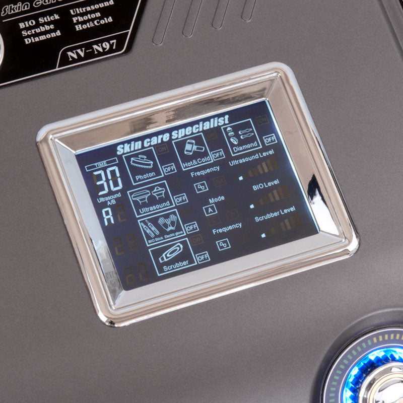 Beauty System 7-in-1 microcurrent, sonophoresis, peeling, hot-cold, lifting, and photon therapy device in black and silver