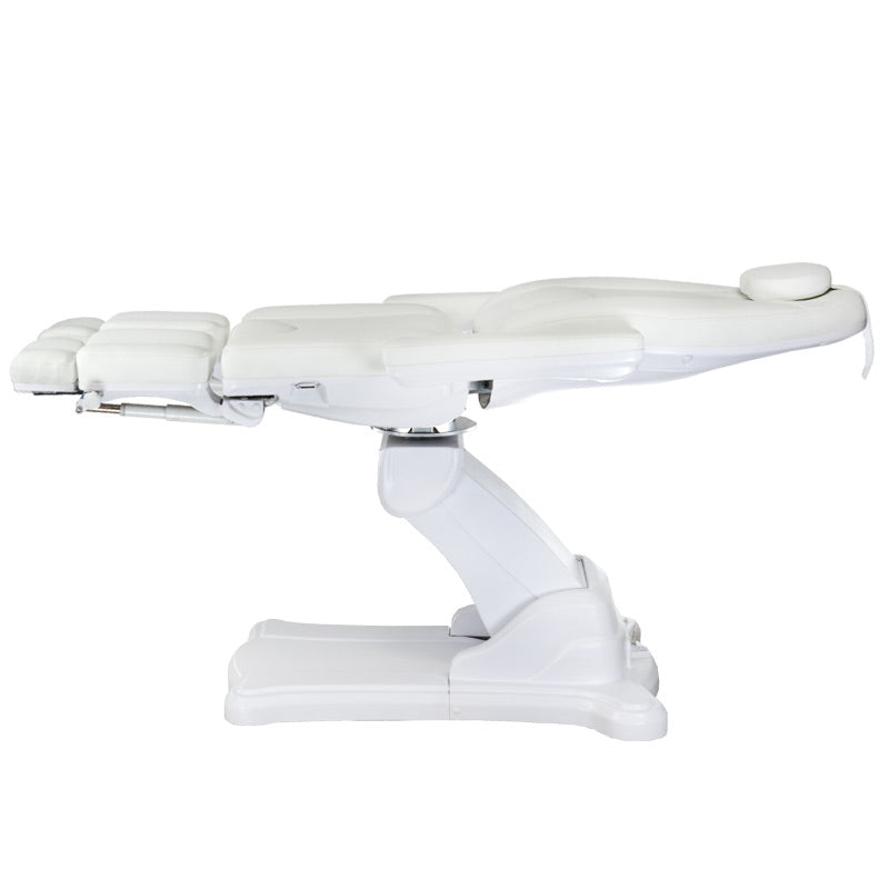 Electric cosmetic chair Mazaro BR-6672C by Beauty System, white leather upholstery, adjustable height and reclining features.