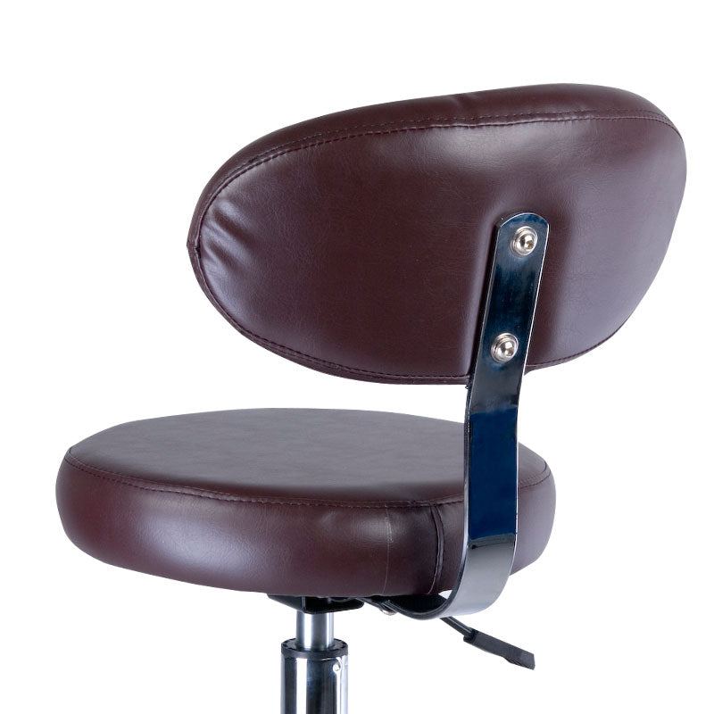 Beauty System cosmetic stool with backrest, brown upholstery, adjustable height, ergonomic design for salon or spa use.