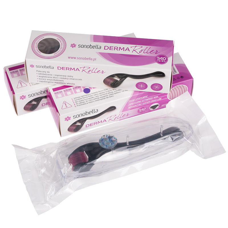Sonobella Dermaroller with 540 needles, 0.2mm, by Beauty System, showing the fine needle roller for skin rejuvenation.