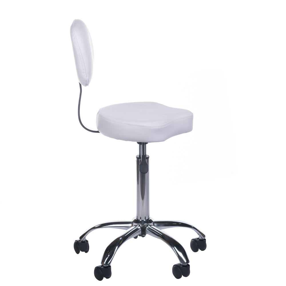 White cosmetic stool with backrest, model BH-7268 from Beauty System, featuring a comfortable seat and sturdy design.