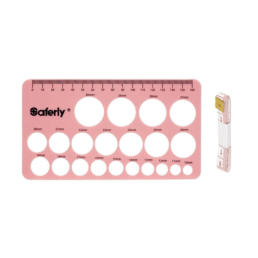 Saferly silicone areola mapping ruler showing detailed measurements for breast reconstruction and cosmetic procedures