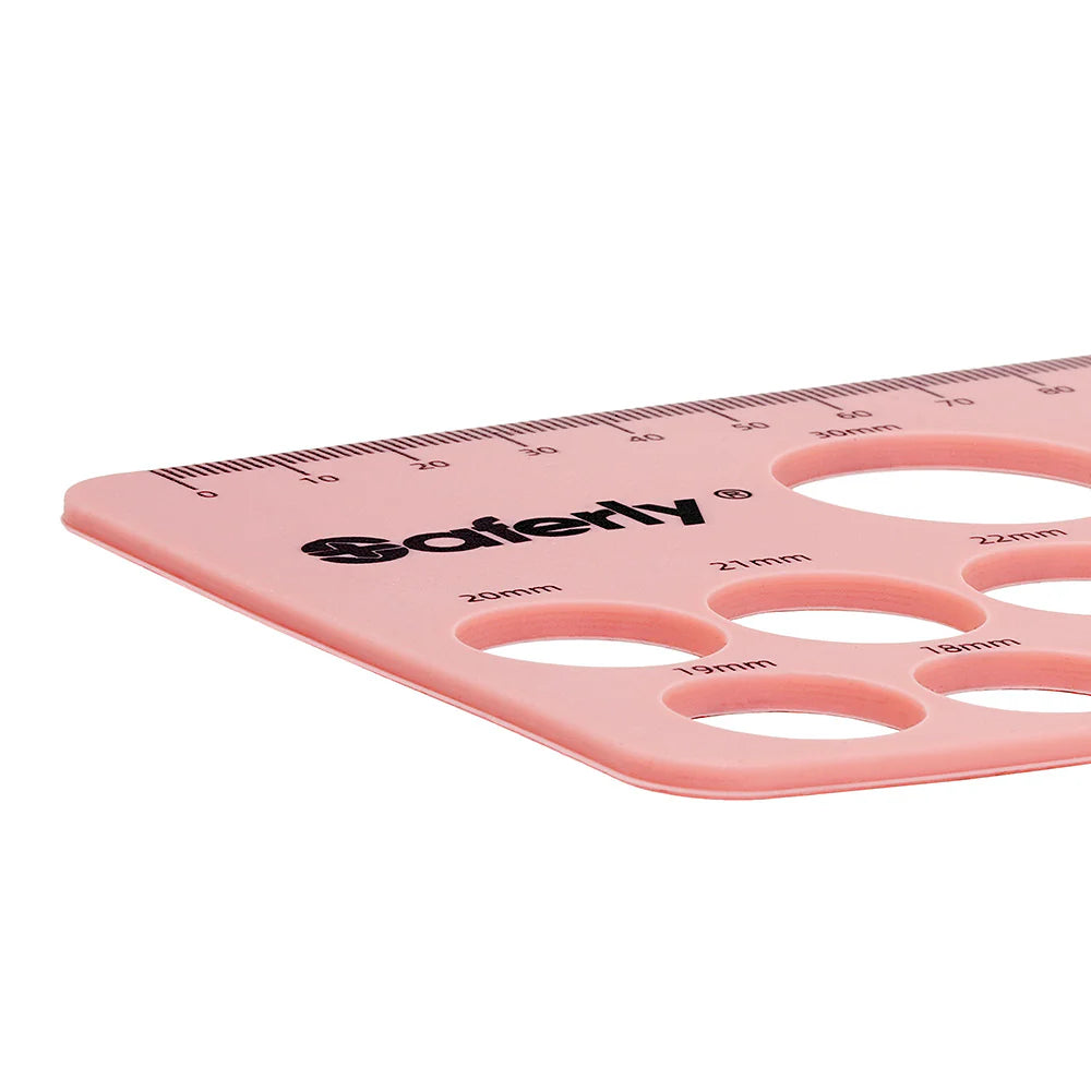 Saferly Silicone Areola Mapping Ruler showing a flexible, transparent tool with measurement markings for accurate nipple size mapping.