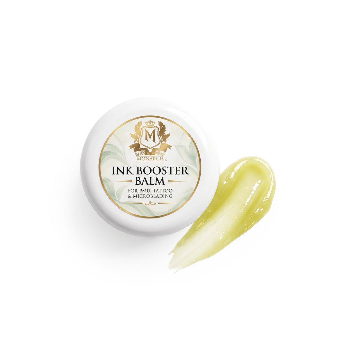 Skin Monarch Ink Booster Balm 30ml, couvercle à côté d'une trace de baume jaune brillant
