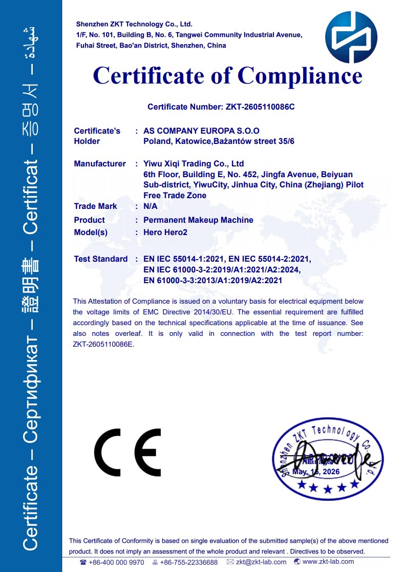AS HERO 2 permanent makeup machine certificate of compliance