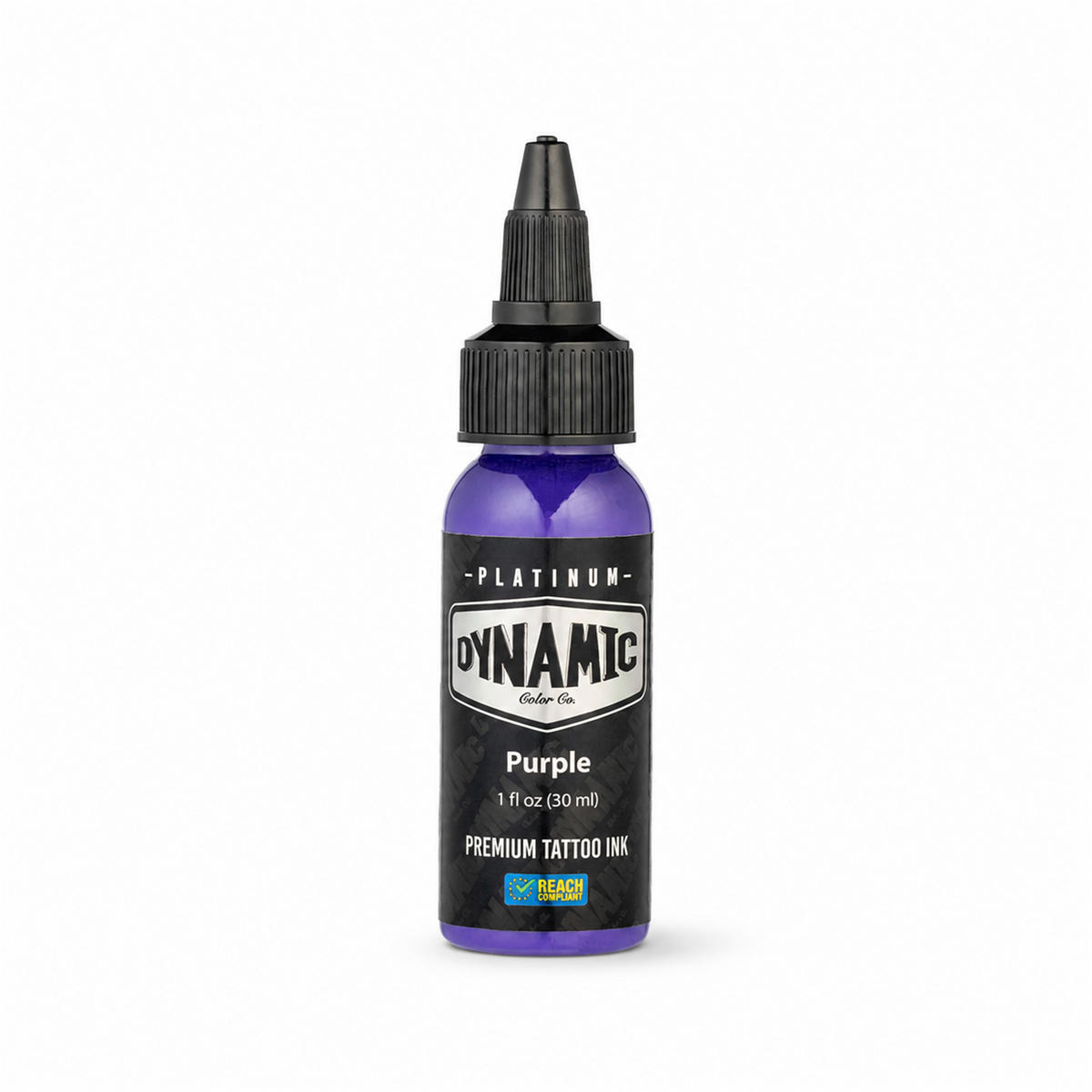 Flacon d’encre de tatouage Dynamic Platinum Purple 30ml sur fond blanc avec une ombre douce et naturelle