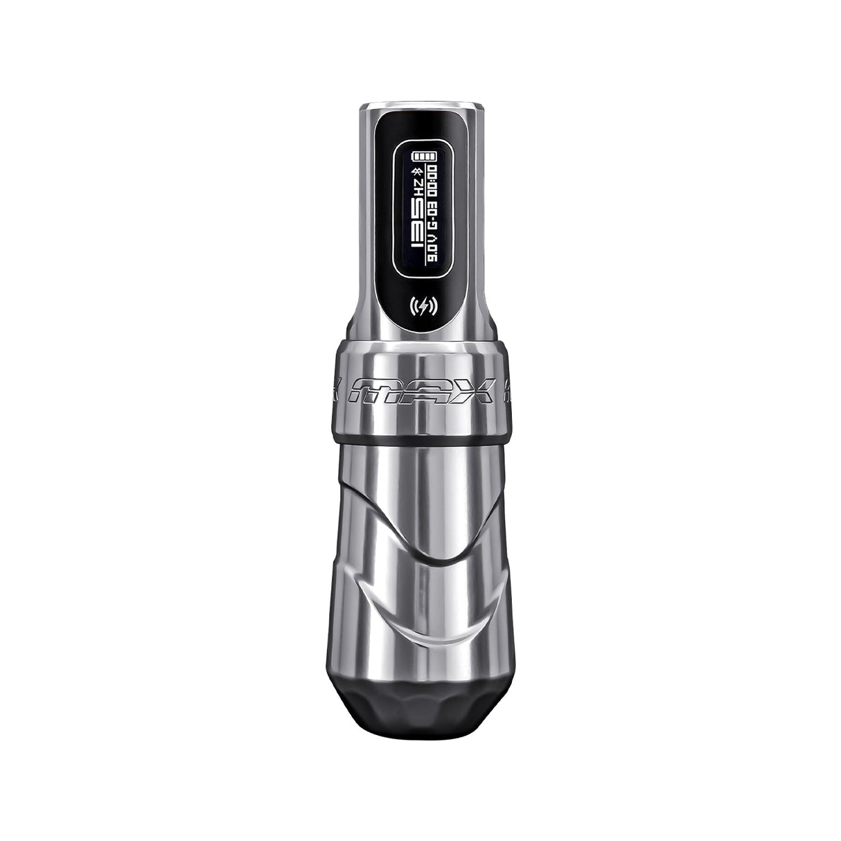 FK Irons Flux Max tattoo machine, Blade silver, front view