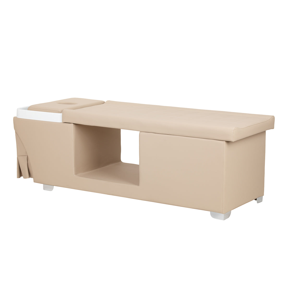 Gabbiano Head Spa Maldives hair washing bed in beige showing cushioned surface and ergonomic design for hair care comfort.