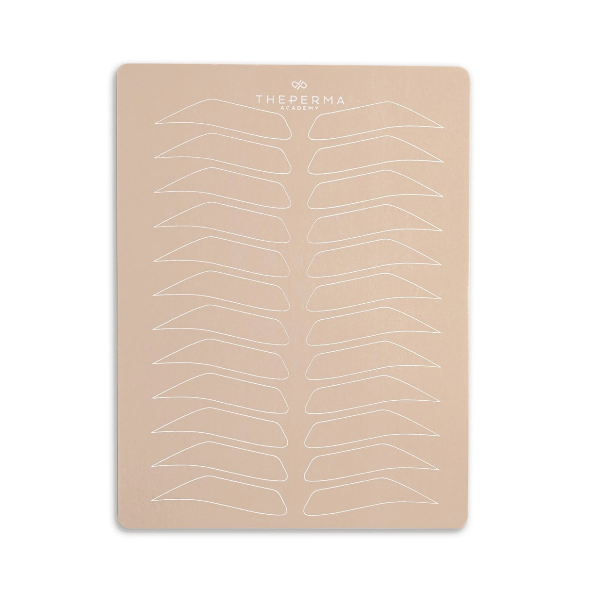 Set of five The Perma PMU practicing skin sheets with printed brow shapes and outlines for tattoo training and practice.