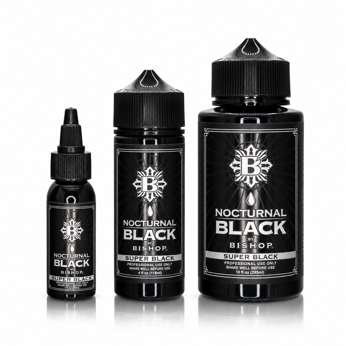 Nocturnal By Bishop Super Black 30ml, 118ml, 295ml — comparaison des volumes des flacons