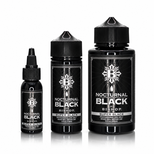 Nocturnal By Bishop Super Black 30ml, 118ml, 295ml — comparaison des volumes des flacons