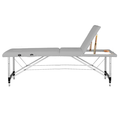 BALANCE table de massage pliante en aluminium à trois sections – Grise; vue de côté avec dossier relevé