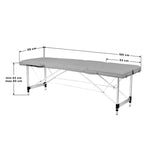 BALANCE table de massage pliante en aluminium à trois sections – Grise; schéma coté, plateau de 186 × 59 cm