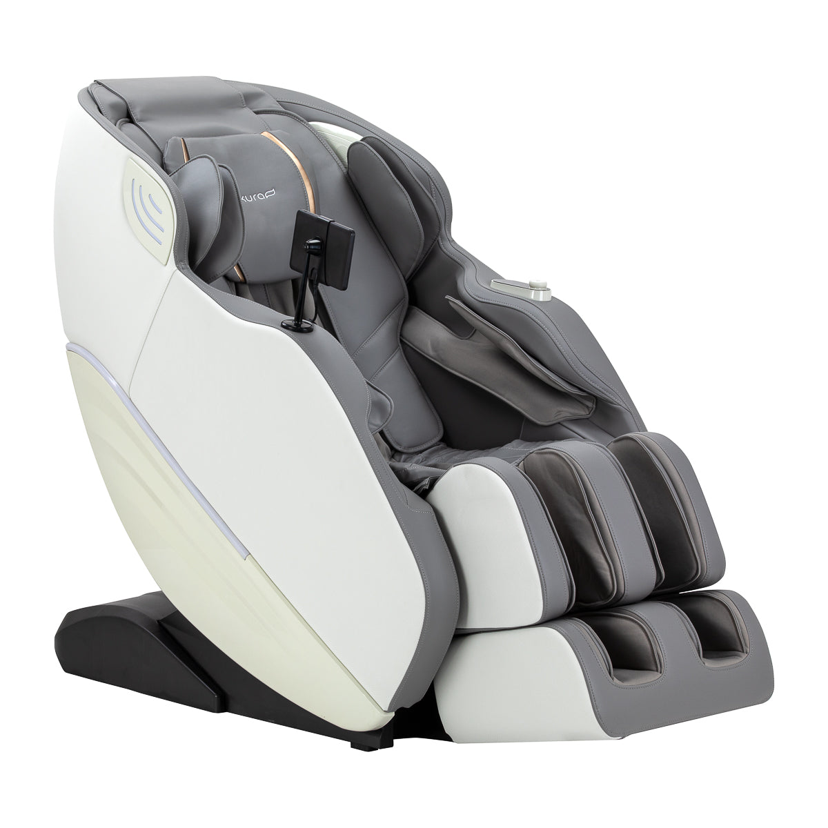 White and grey Sakura 3D Maximus massage chair, showcasing ergonomic design and plush upholstery for relaxation and comfort.
