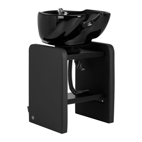 Black Omega Nautica hairdressing wash unit with sink and adjustable chair for salon use.