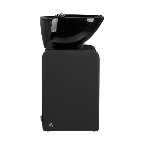 Omega Nautica black hairdressing wash unit with basin and adjustable chair, designed for styling salons and professional use.