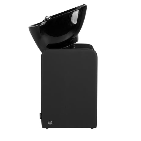 Omega Nautica black hairdressing wash unit with sink and chair for salon use, sleek design and comfortable styling station.
