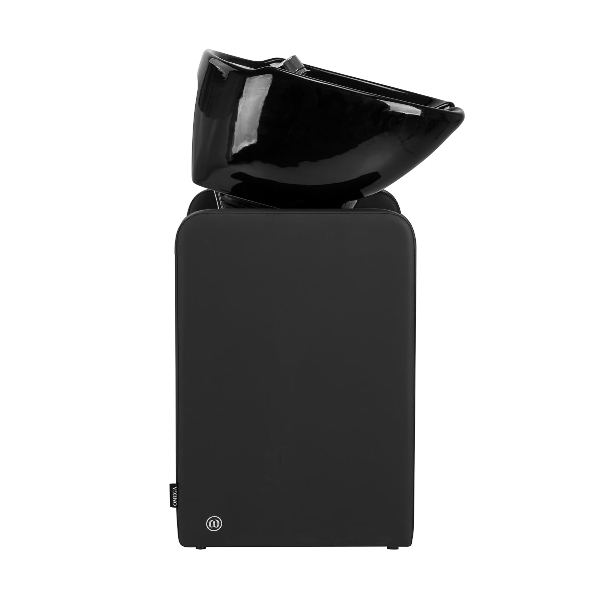 Black Omega Nautica hairdressing wash unit with sink, faucet, and adjustable chair for salon styling and hair washing.