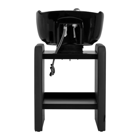 Omega Nautica black hairdressing wash unit with basin and adjustable chair for salon use.