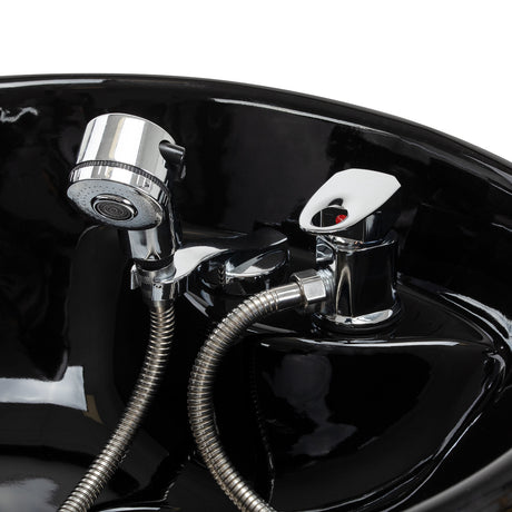 Omega Nautica black hairdressing wash unit with basin and chair for salon styling and hair washing.
