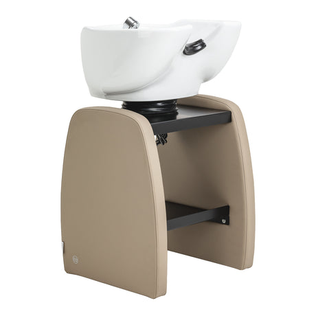 Omega Aqualina beige hairdressing wash unit with a built-in basin and adjustable chair for salon hair washing.