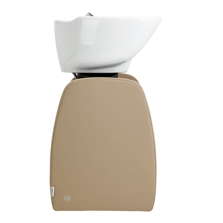 Omega Aqualina beige hairdressing wash unit with basin and chair for salon use, featuring a modern design and ergonomic comfort.