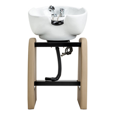 Omega Aqualina beige hairdressing wash unit with sink and reclining chair for salon use, featuring sleek design and comfortable upholstery.