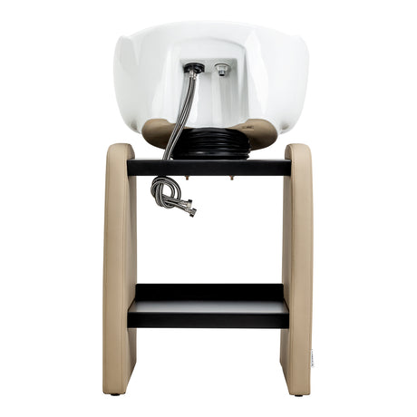 Omega Aqualina beige hairdressing wash unit with a sleek design and adjustable headrest for salon hair washing.